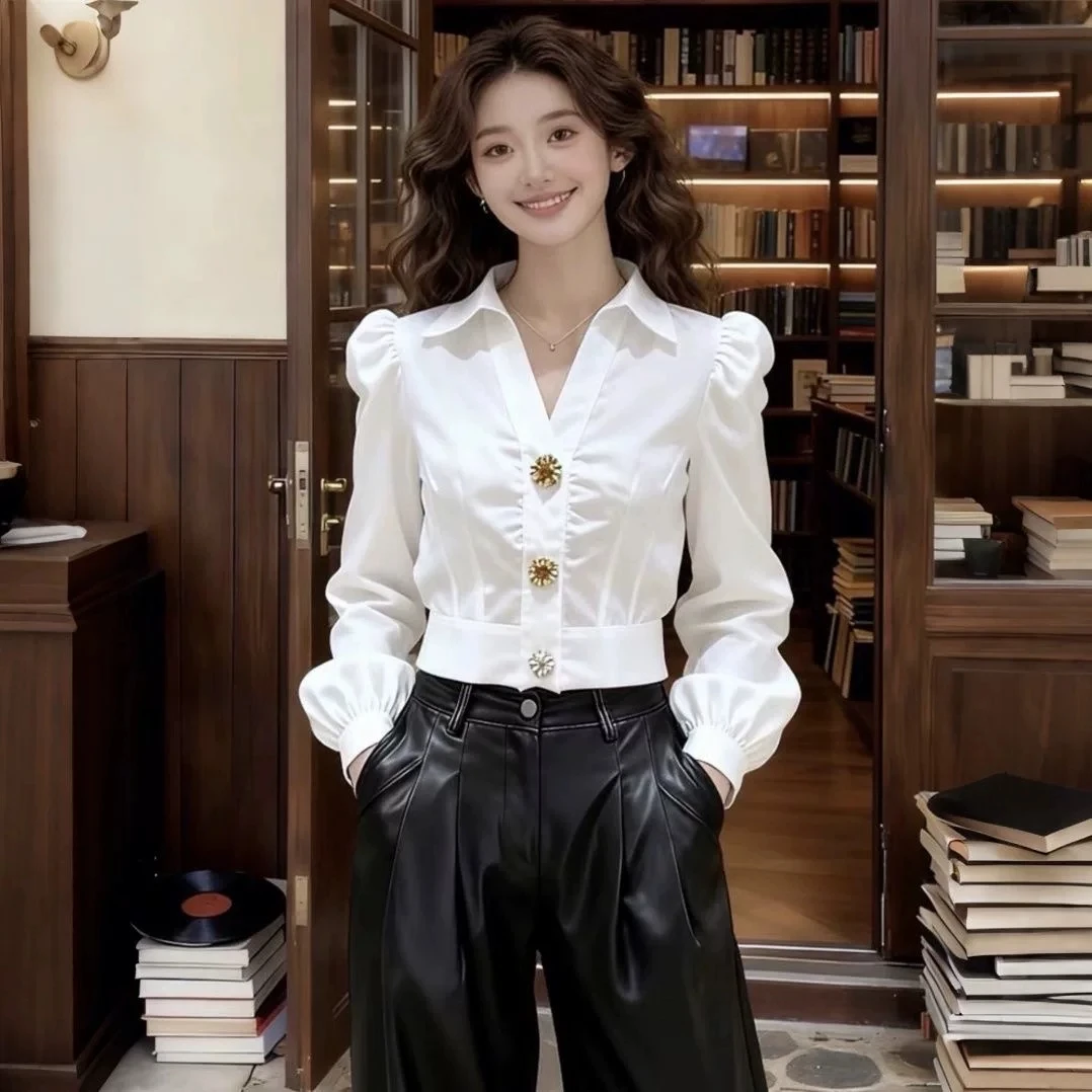 Women Formal Office Wear Tops - Elegante weiße V-Ausschnitt-Bluse für Damen mit