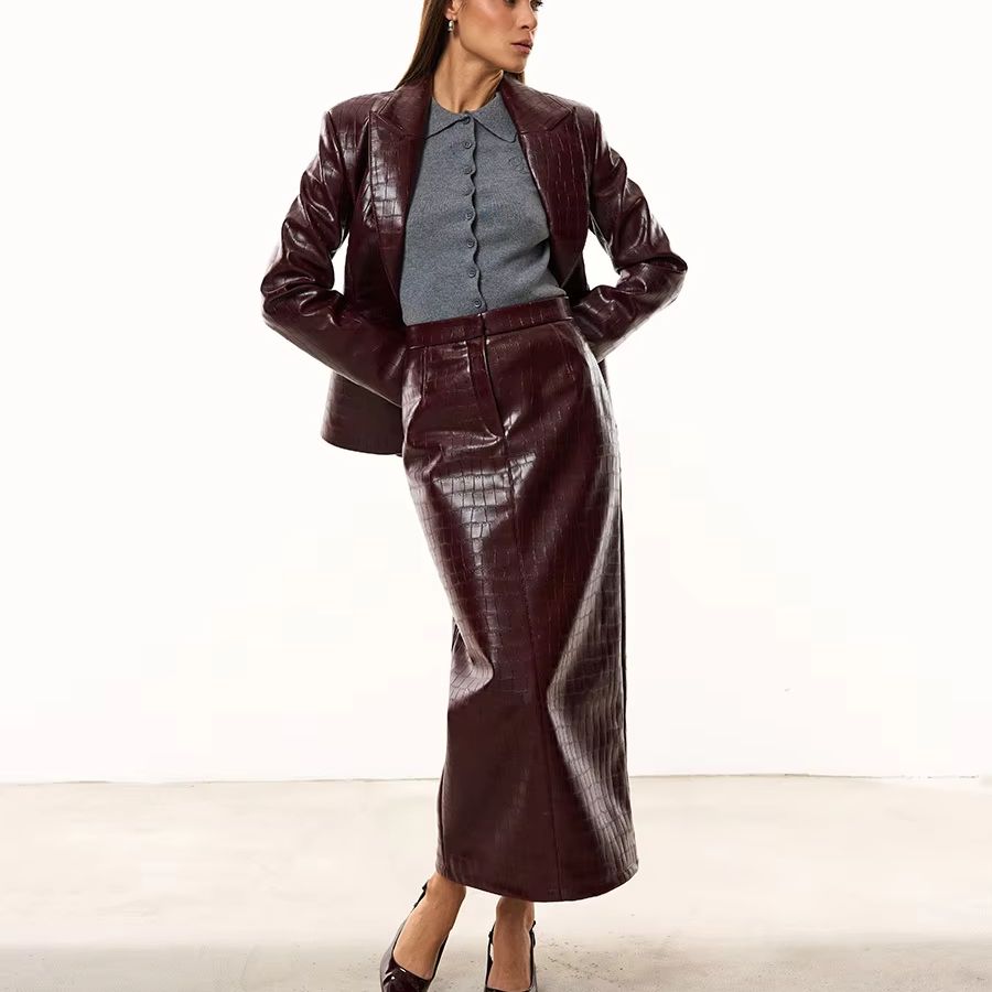 Pencil Skirt Midi - IG Damen Burgunderrotes Kroko-Kunstleder 2-Teiliges Anzug-Set
