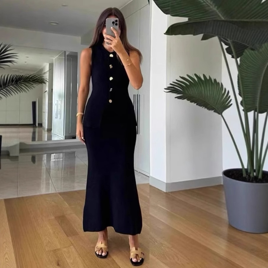 Women Formal Office Wear Tops - Einreihiges, ärmelloses, figurbetontes Oberteil mit Rundhalsausschnitt