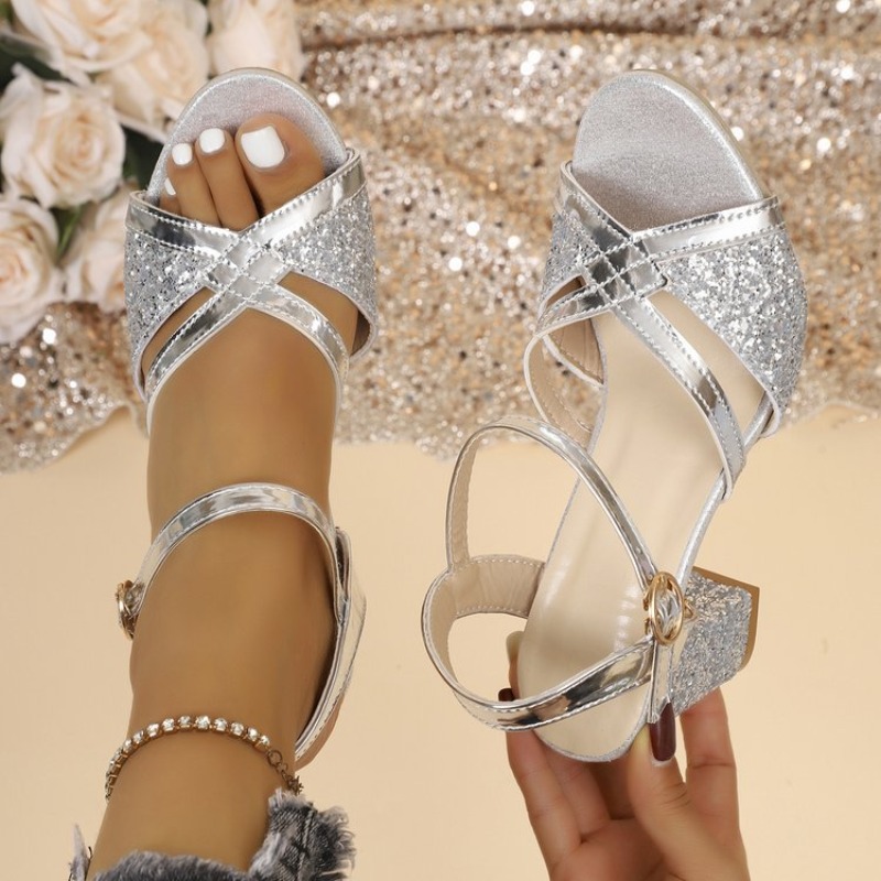Women Formal Wear For Wedding - Damen Blockabsatz-Sandalen Gold Glitzernde Kreuzriemen Knöchelriemen