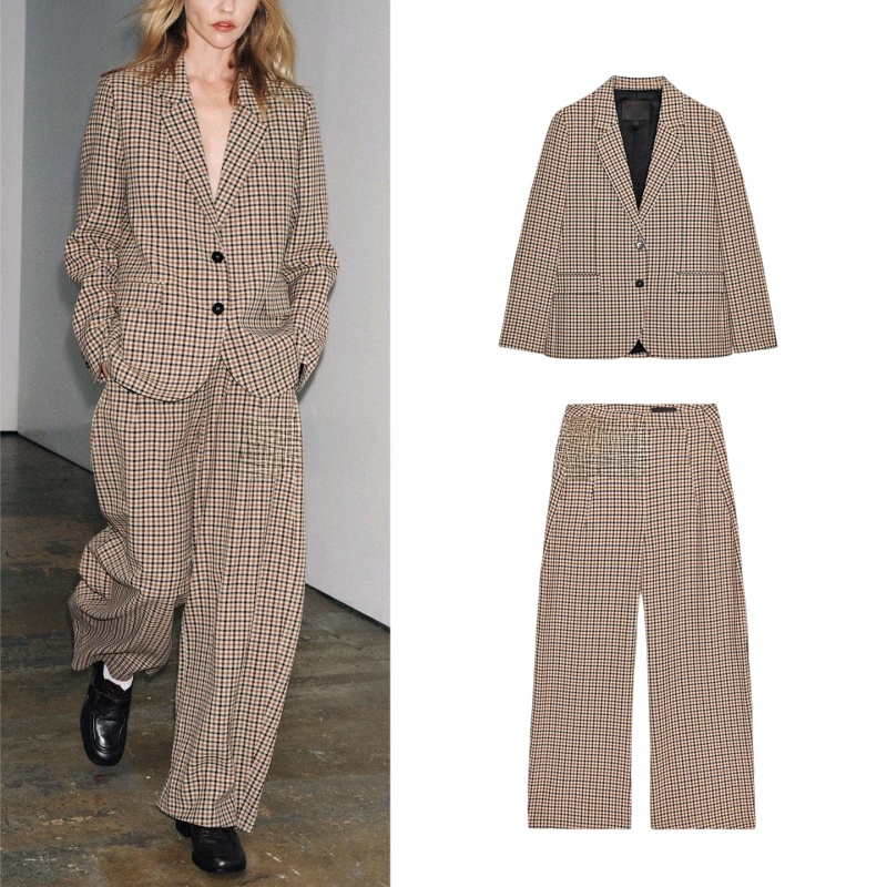 Pencil Skirt Midi - Damen Karierter Anzug Blazer Langarm Umlegekragen