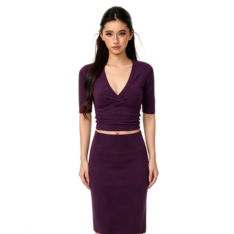 Pencil Skirt Midi - Damen Französischer V-Ausschnitt Halber Ärmel Schlankes