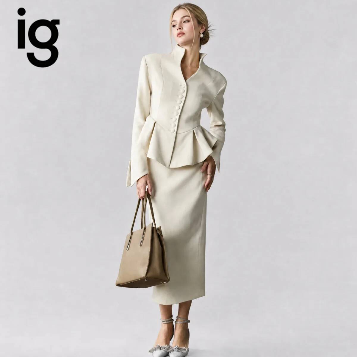 Pencil Skirt Midi - IG26 Damen Stehkragen-Peplum-Blazer & Midi-Bleistiftrock Zweiteiler,