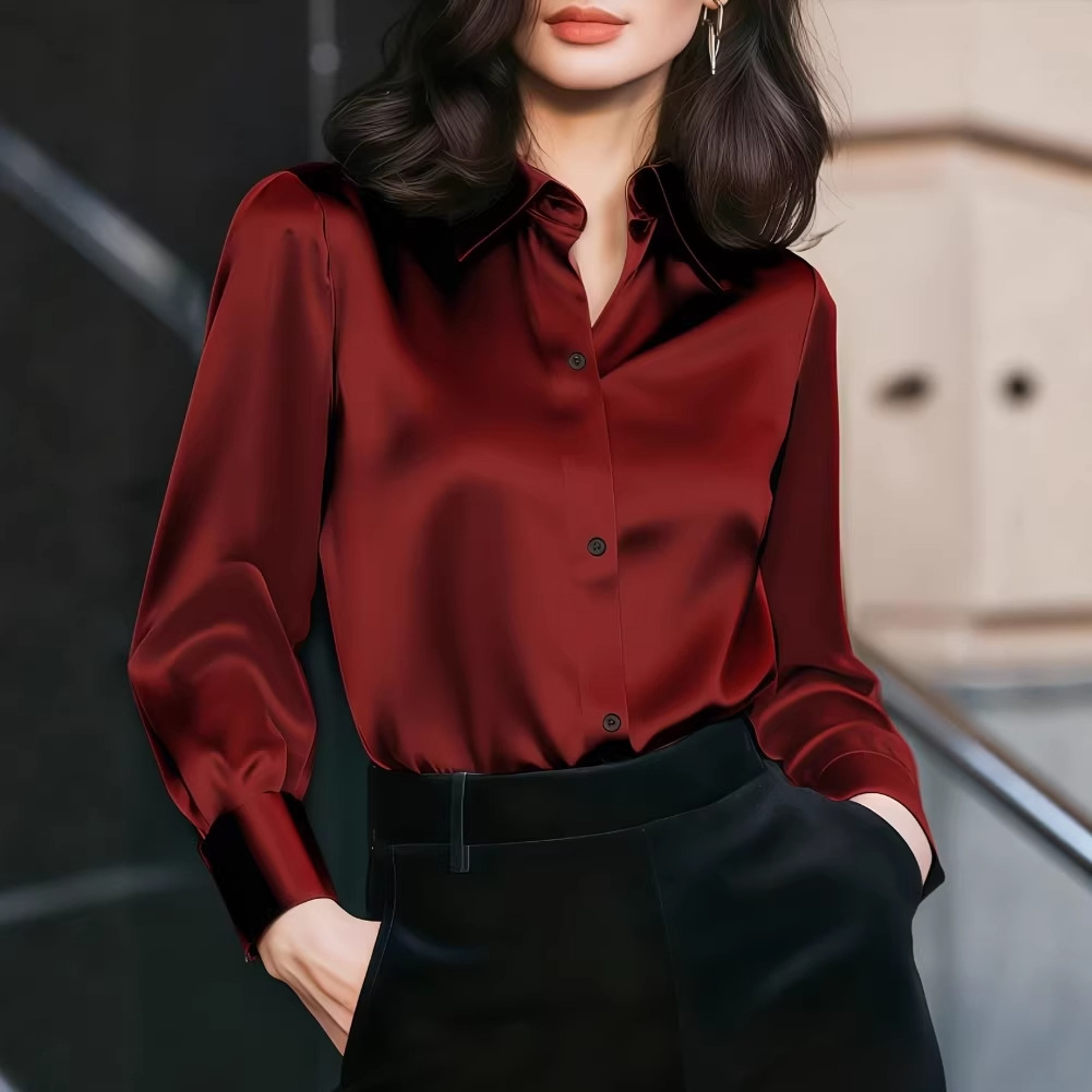 Women Formal Office Wear Tops - Damen-Satinbluse mit Reverskragen, Knopfleiste, langen Ärmeln,