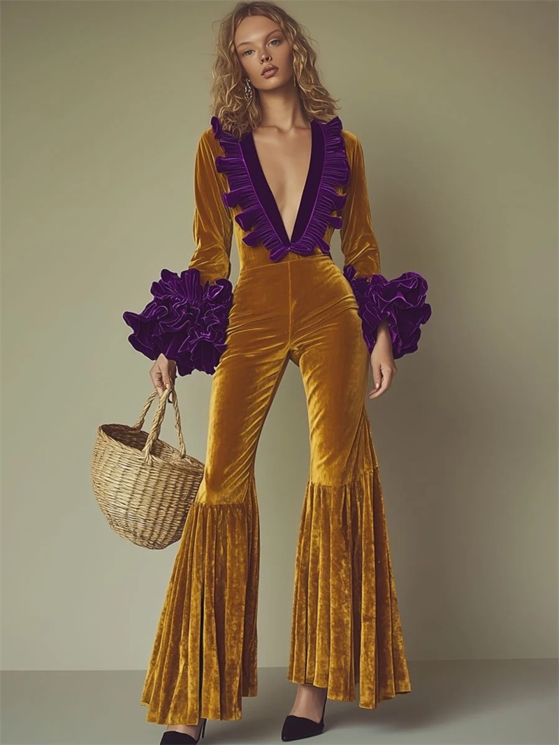 Women'S Formal Wear For Wedding Guest - Gelb-Lila Samt-Jumpsuit für Damen, Sexy V-Ausschnitt,