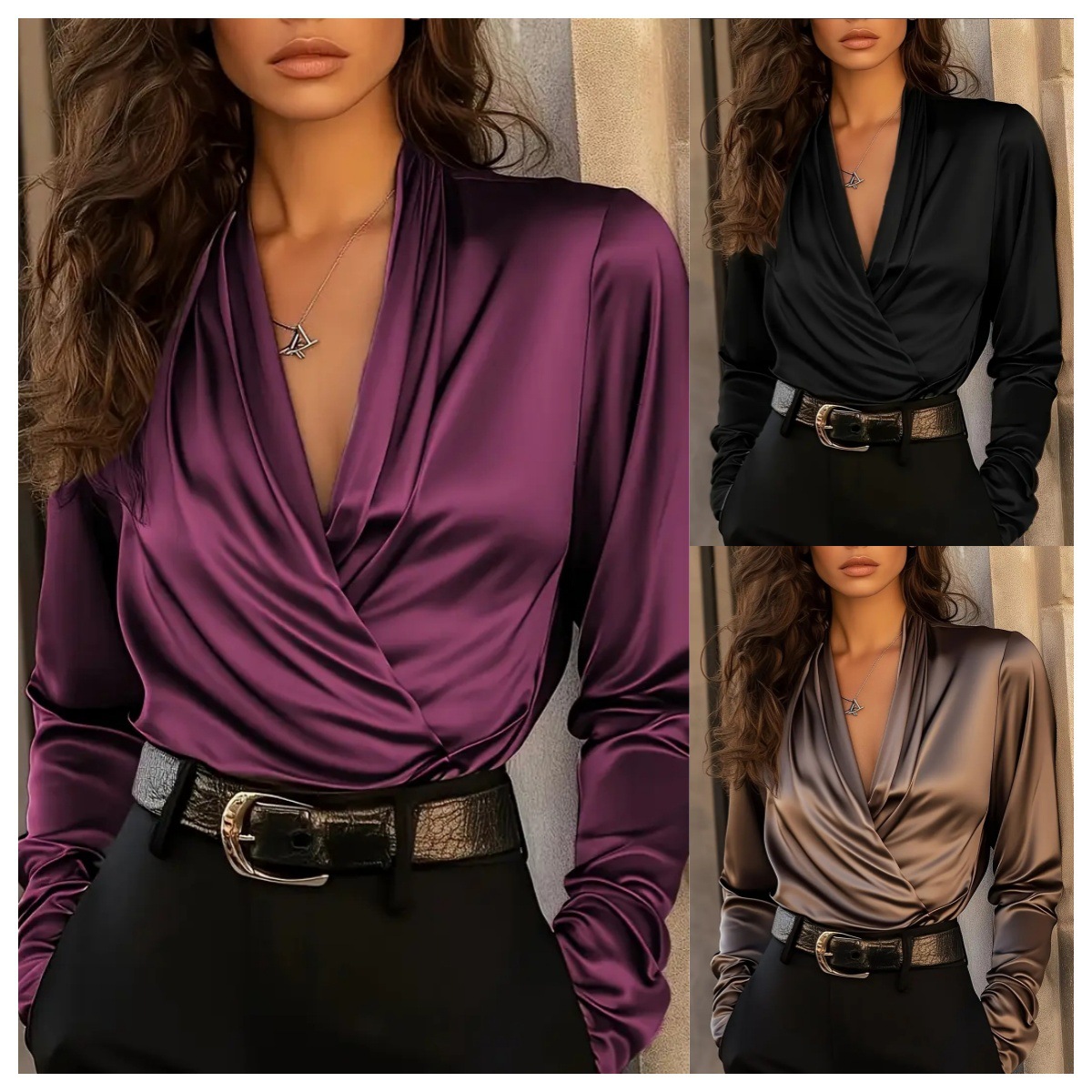 Damen Satin Wickelbluse mit V- – Women Formal Office Wear Tops Bewertung und Preis