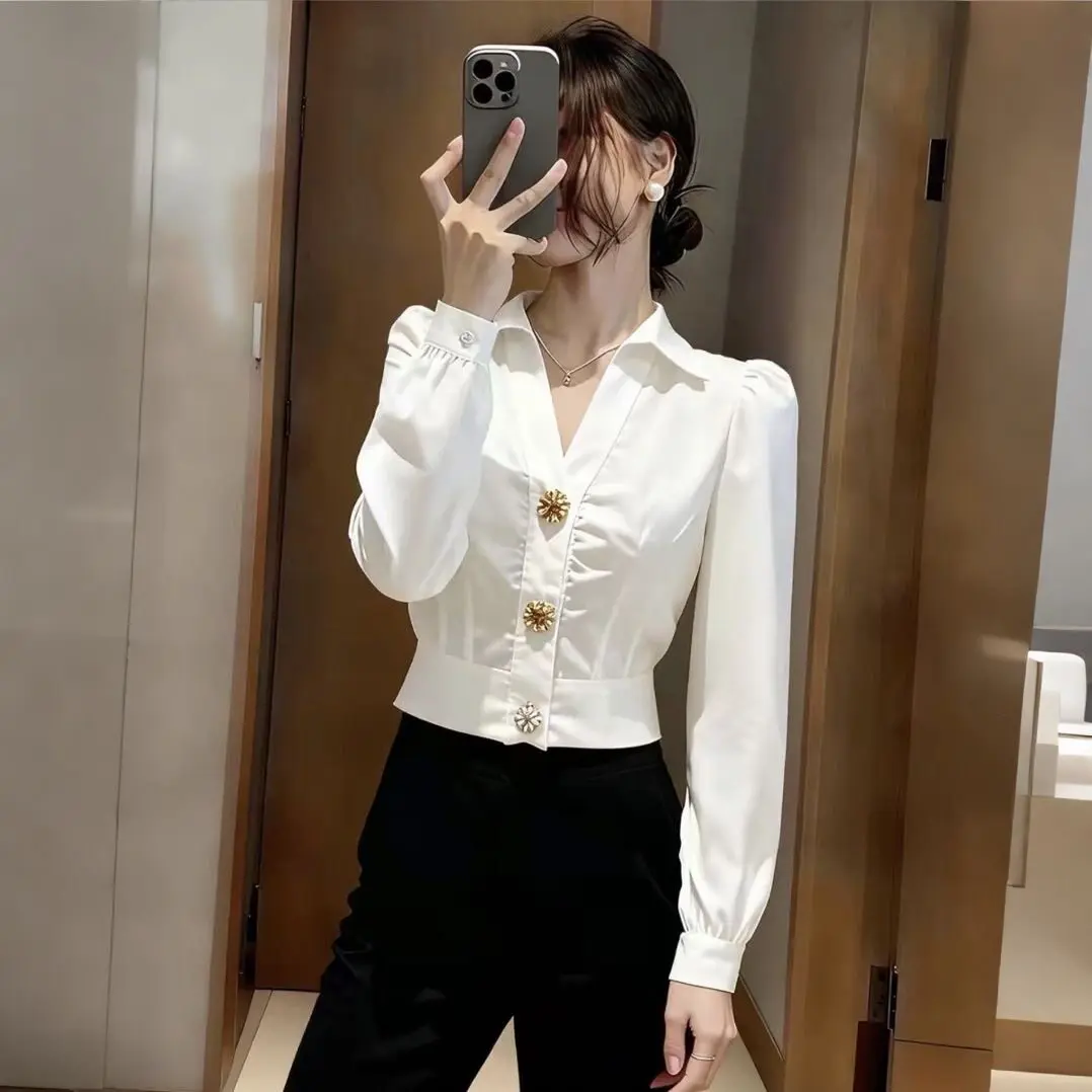 Elegante weiße V-Ausschnitt-Bl – Women Formal Office Wear Tops Bewertung und Preis