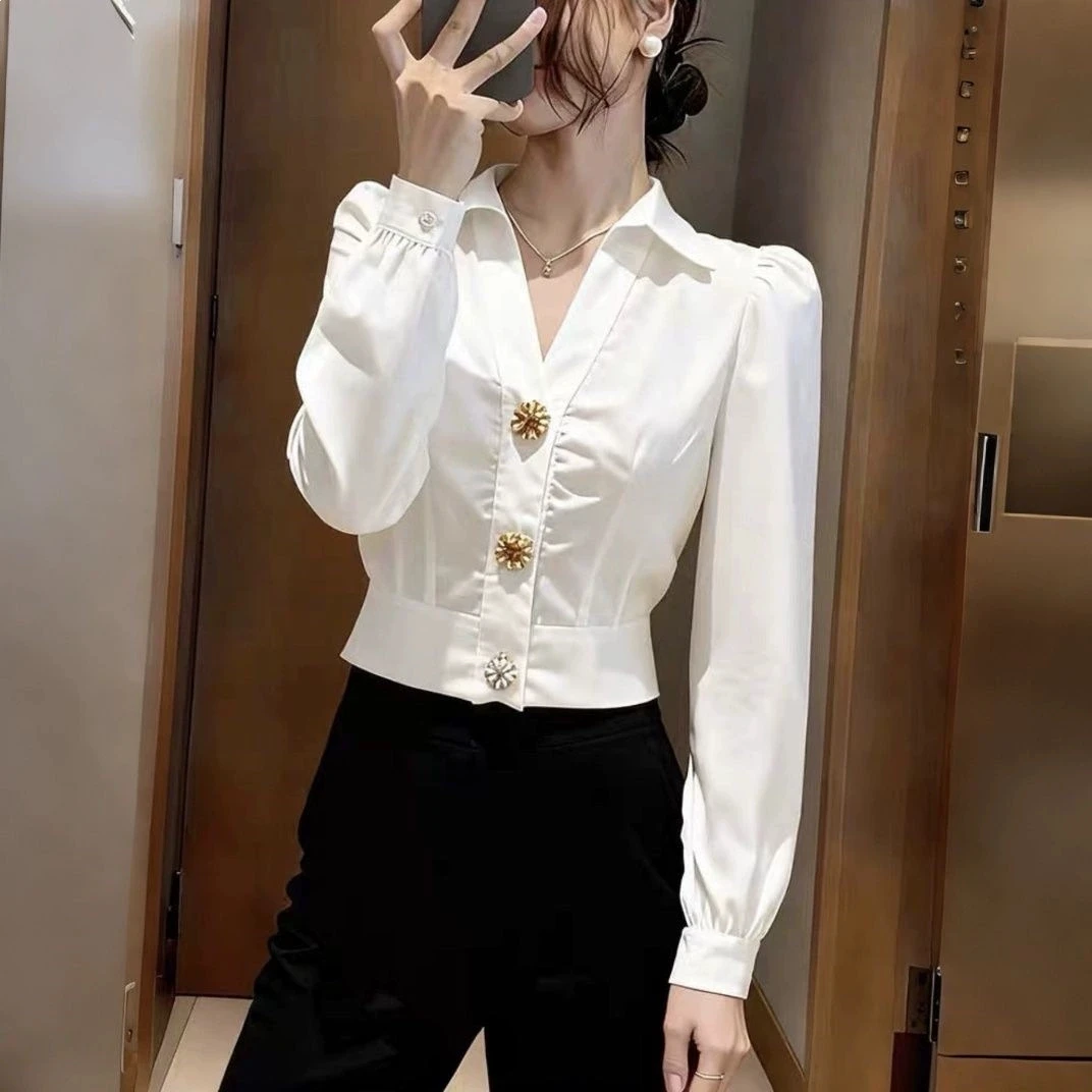 Elegante weiße V-Ausschnitt-Bl – Women Formal Office Wear Tops Bewertung und Preis